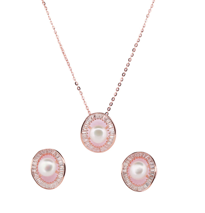 92.5 Sterling Silver Pearl and Baguette Halo Chain Pendant Set 12401