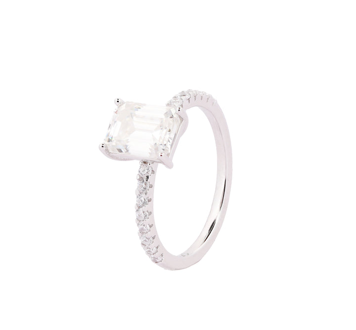 92.5 Sterling Silver Emerald Cut Pavé Finger Ring 6682