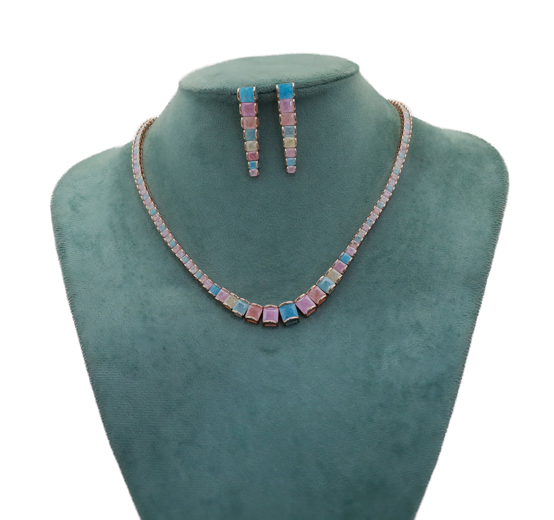 Zircon Block-Cut Milky Stone Necklace Set  9283