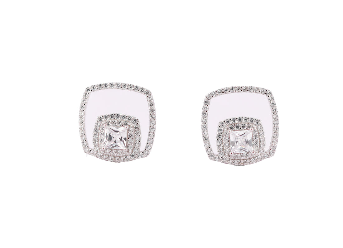 92.5 Sterling Silver  Princess-Cut Double Square Halo Stud Earrings 20440