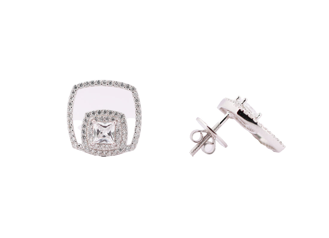 92.5 Sterling Silver  Princess-Cut Double Square Halo Stud Earrings 20440
