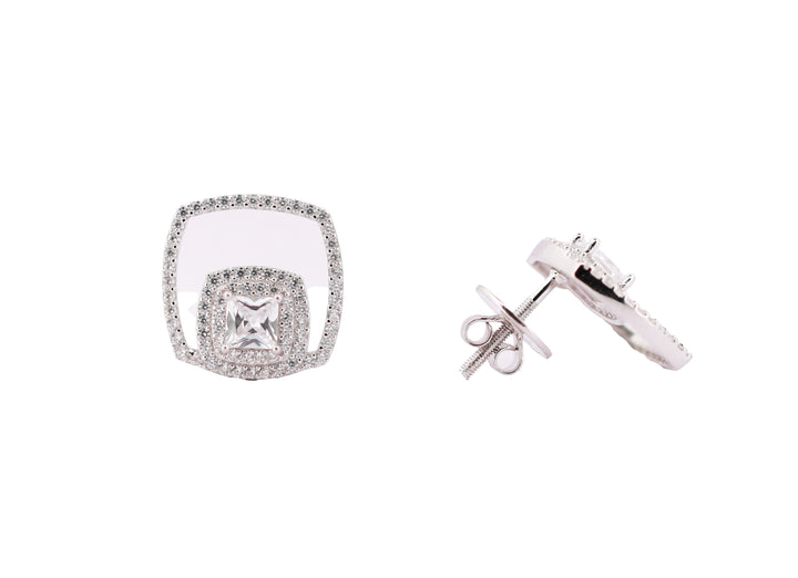 92.5 Sterling Silver  Princess-Cut Double Square Halo Stud Earrings 20440