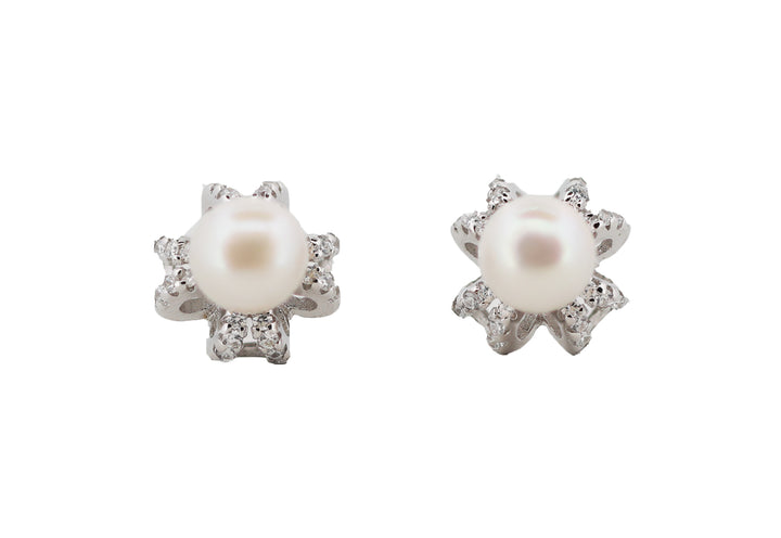 92.5 Sterling Silver Floral Pearl Stud  Earrings 15586