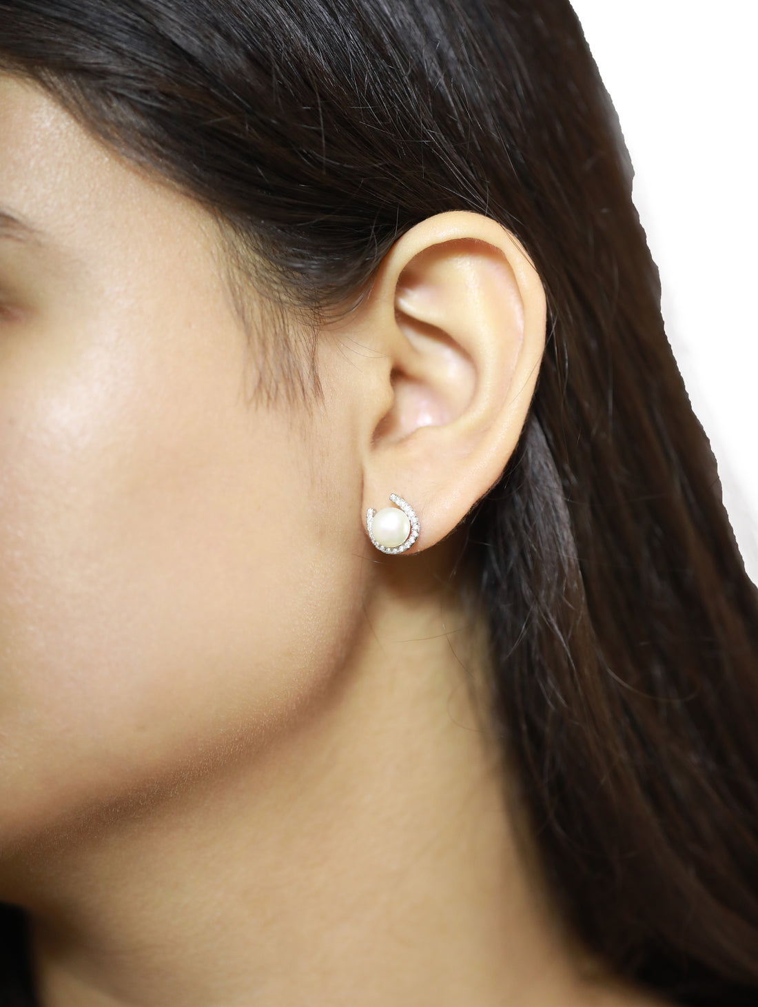 92.5 Sterling Silver Half Hoop Pearl Stud  Earrings 15594