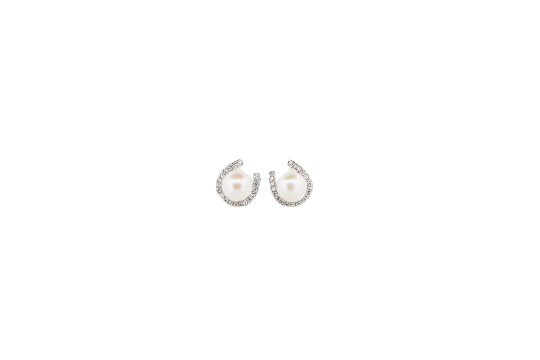 92.5 Sterling Silver Half Hoop Pearl Stud  Earrings 15594