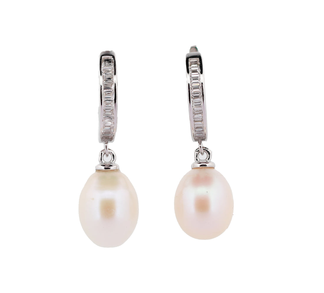 92.5 Sterling Silver Classic Pearl Drop Hoop Earrings 15598