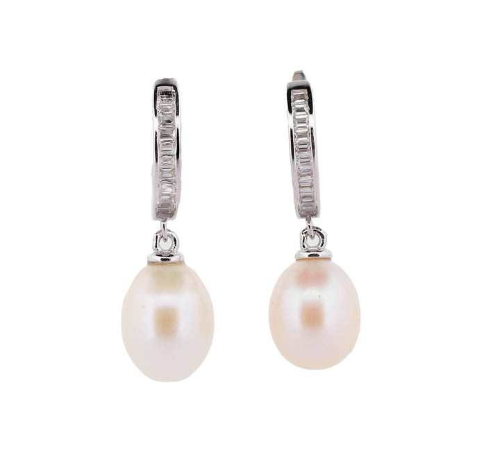 92.5 Sterling Silver Classic Pearl Drop Hoop Earrings 15598
